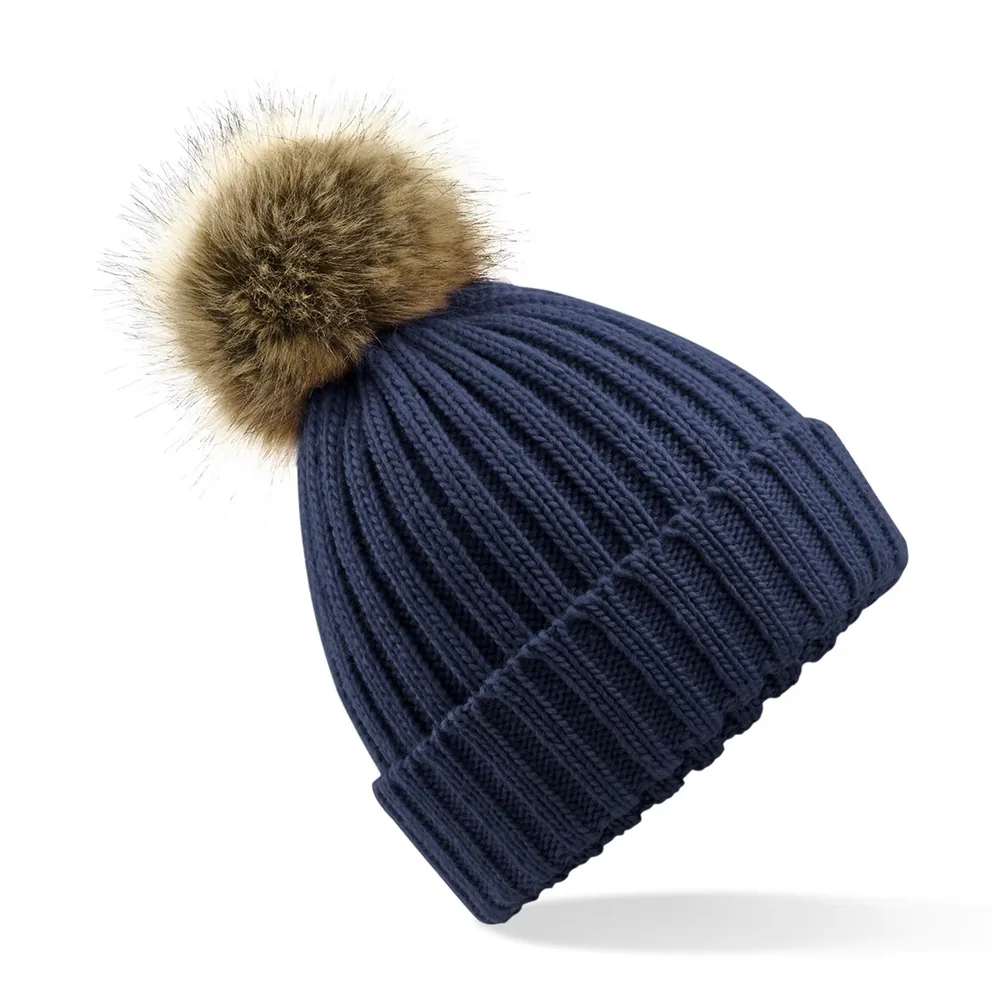 Faux Fur Pop Pom Chunky Beanie – Image 2