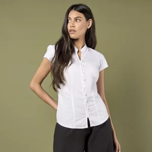 Tailored Fit Mandarin Collar Poplin Blouse Cap Sleeve