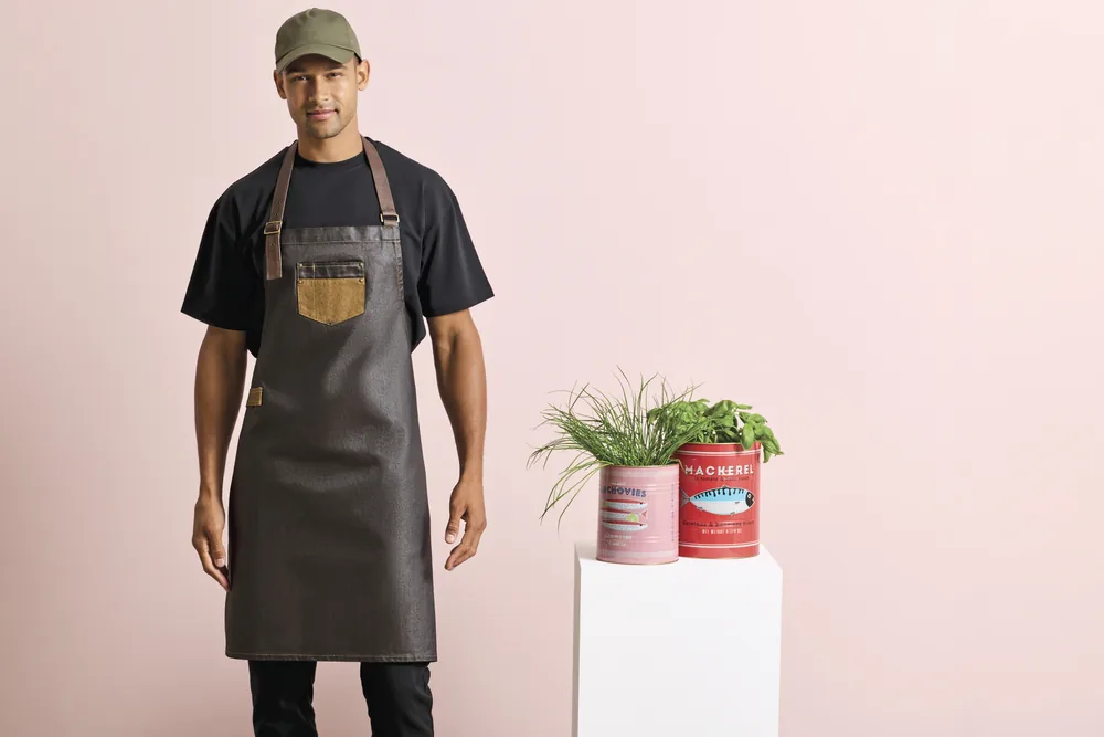 Division Waxed Look Denim Bib Apron With Faux Leather