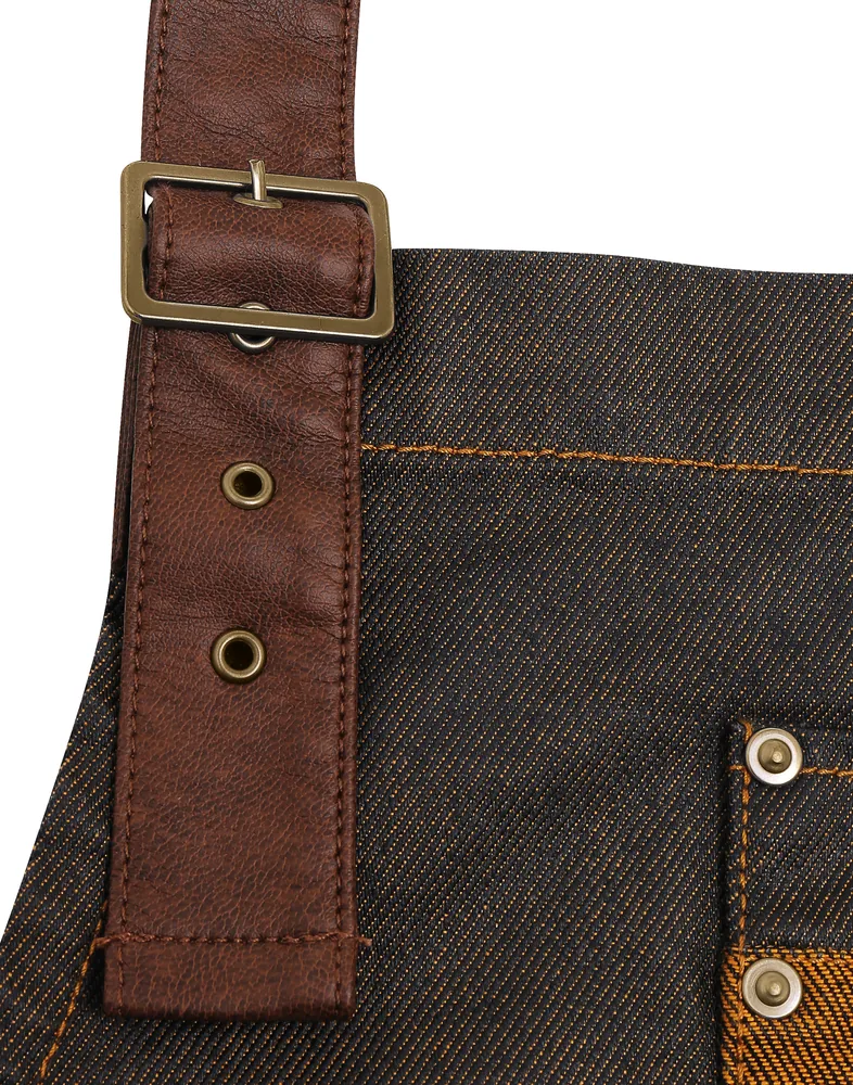 Division Waxed Look Denim Bib Apron With Faux Leather – Image 3